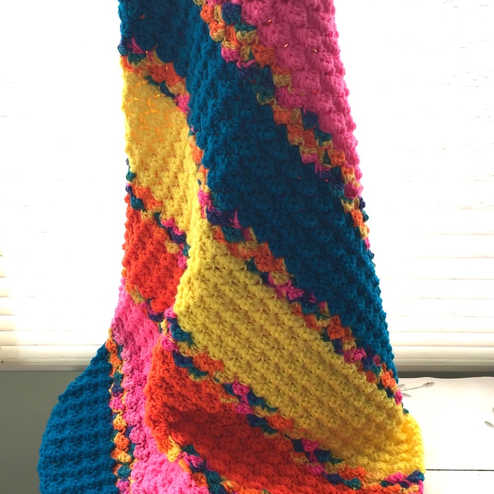 Handmade Colorblock Crochet Throw Blanket in Blue, Pink, Yellow, Orange